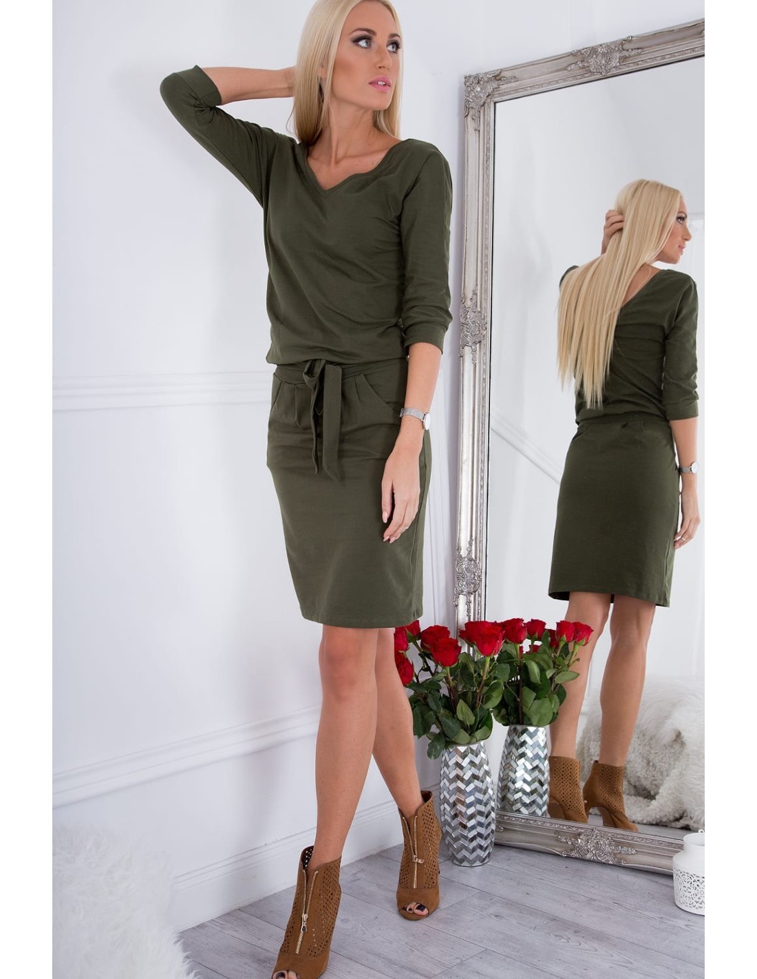 In der Taille gebundene Khaki-Kleider 9729 - Online-Shop - Boutique